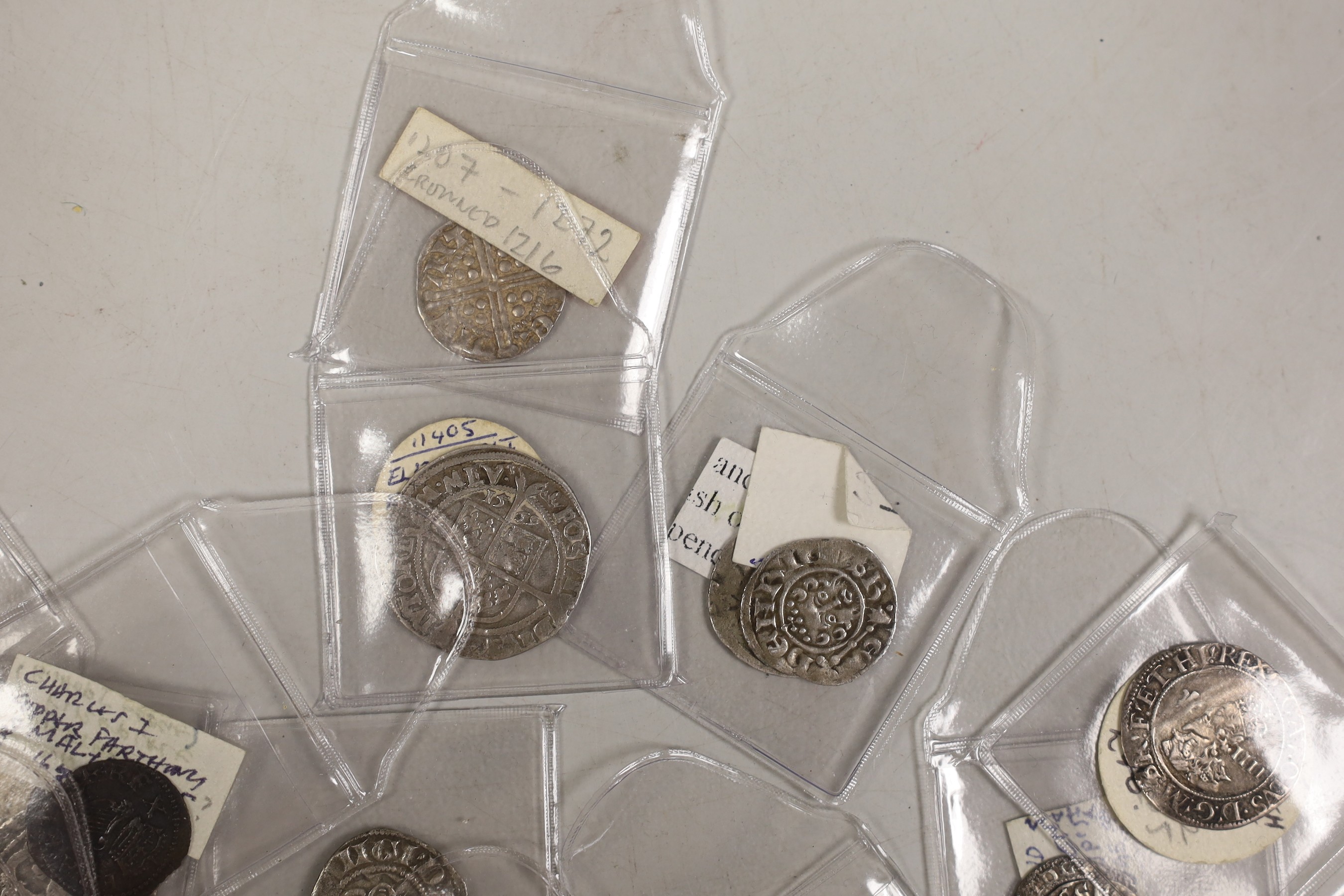 British hammered coinage, medieval to Stuart, including Edward I penny, two Henry III short cross coins, Henry III long cross coin, Henry VI halfgroat, Henry VII groat, three Elizabeth I sixpence 1569 and 1574, a Charles